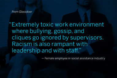From Glassdoor: “Extremely toxic work environment where bullying, gossip, and cliques go ignored by supervisors. Racism is also rampant with leadership and with staff.” – Female employee in social assistance industry